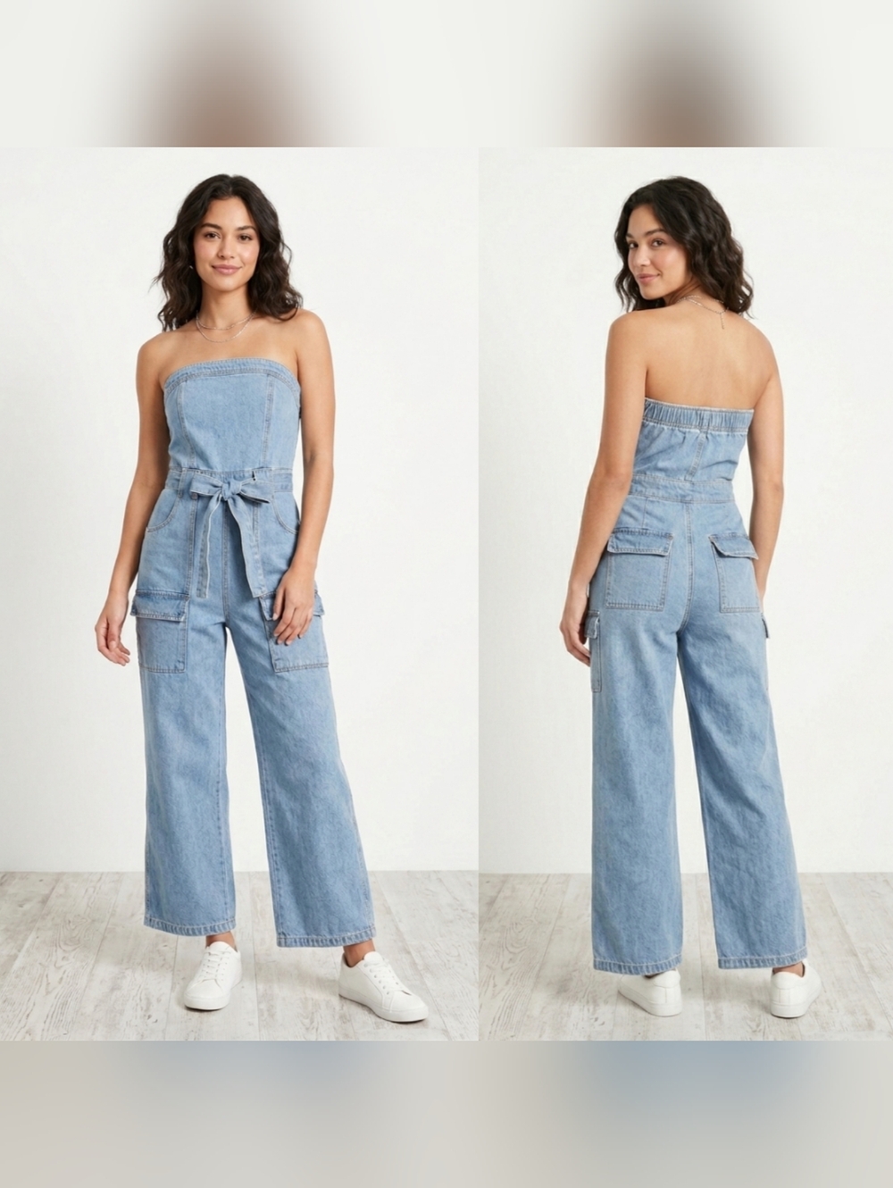 Sincerely Jules Strapless Denim Cargo Jumpsuit Light Wash Small